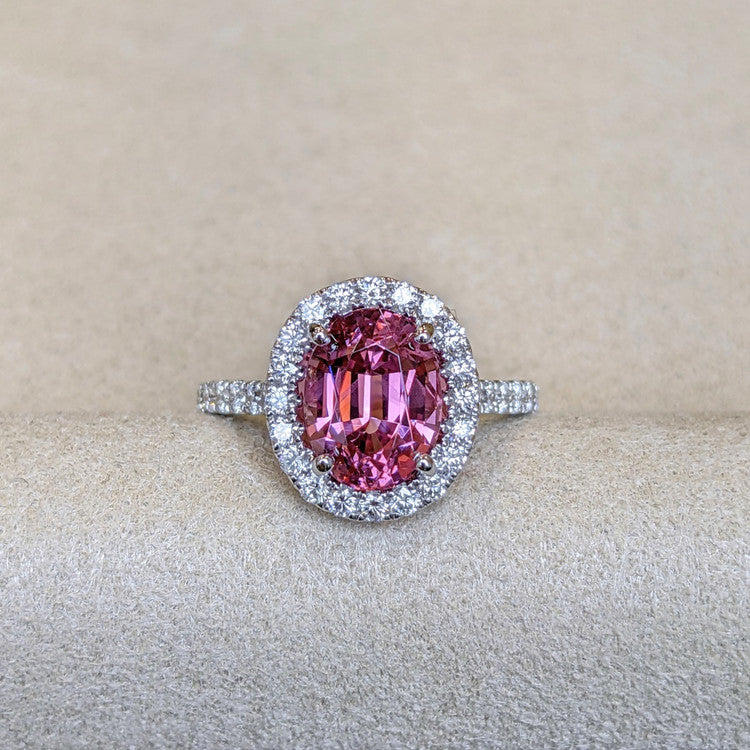 Lady Gaga Inspired Pink Sapphire Halo Engagement Ring