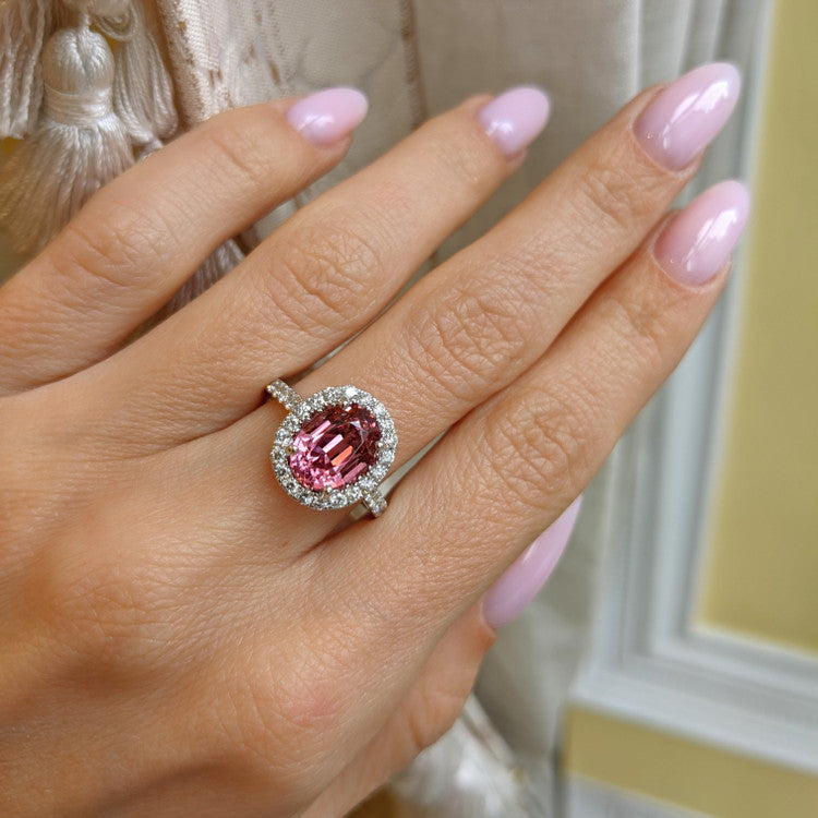 Lady Gaga Inspired Pink Sapphire Halo Engagement Ring