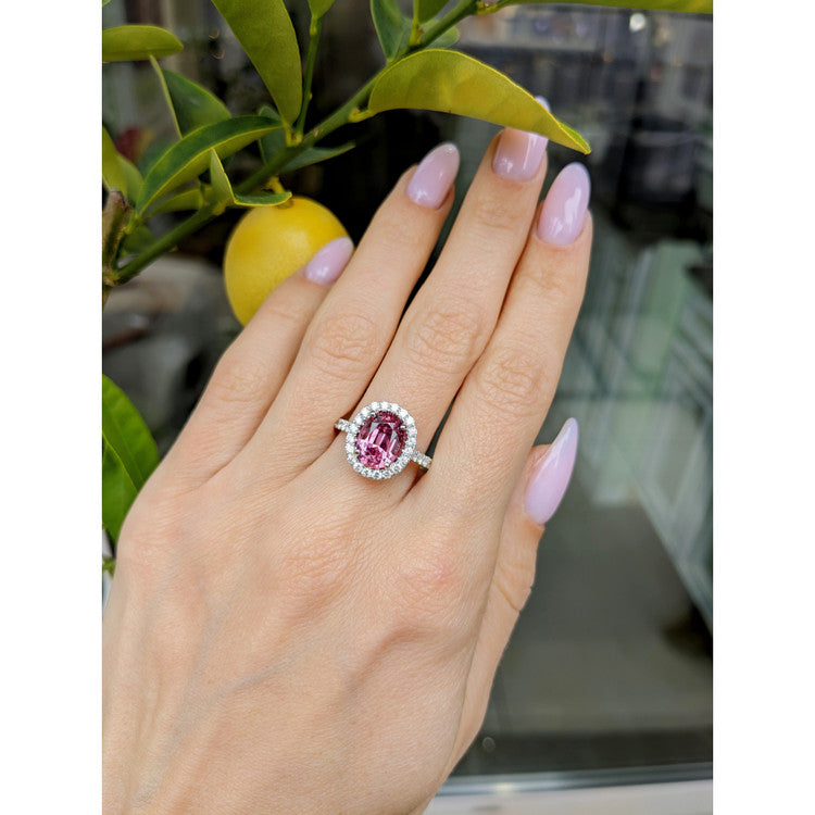Lady Gaga Inspired Pink Sapphire Halo Engagement Ring
