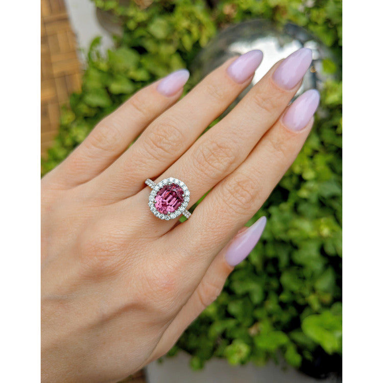 Lady Gaga Inspired Pink Sapphire Halo Engagement Ring