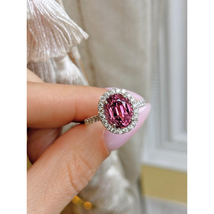 Lady Gaga Inspired Pink Sapphire Halo Engagement Ring
