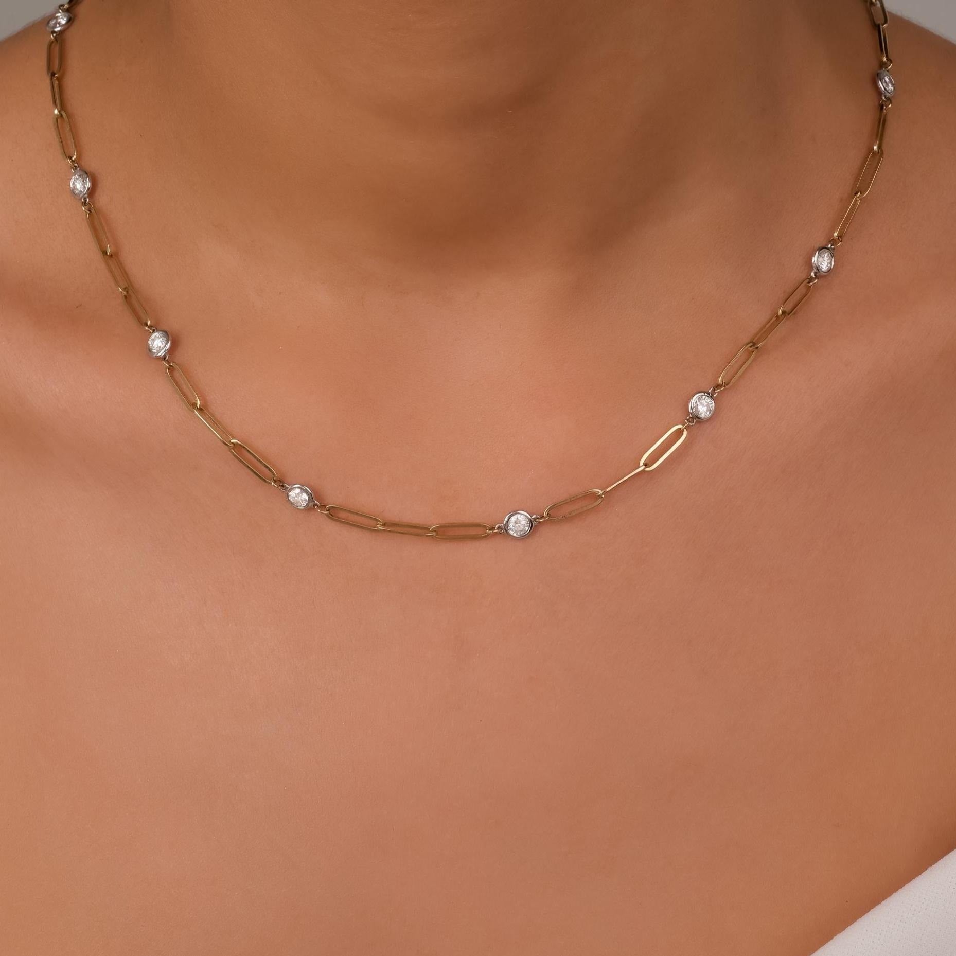Diamond Station Paperclip Chain Necklace in 14K Gold