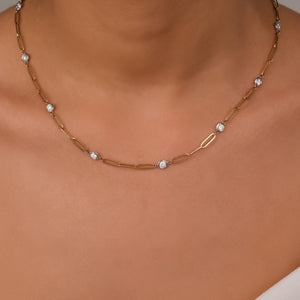 Diamond Station Paperclip Chain Necklace in 14K Gold