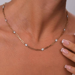 Diamond Station Paperclip Chain Necklace in 14K Gold