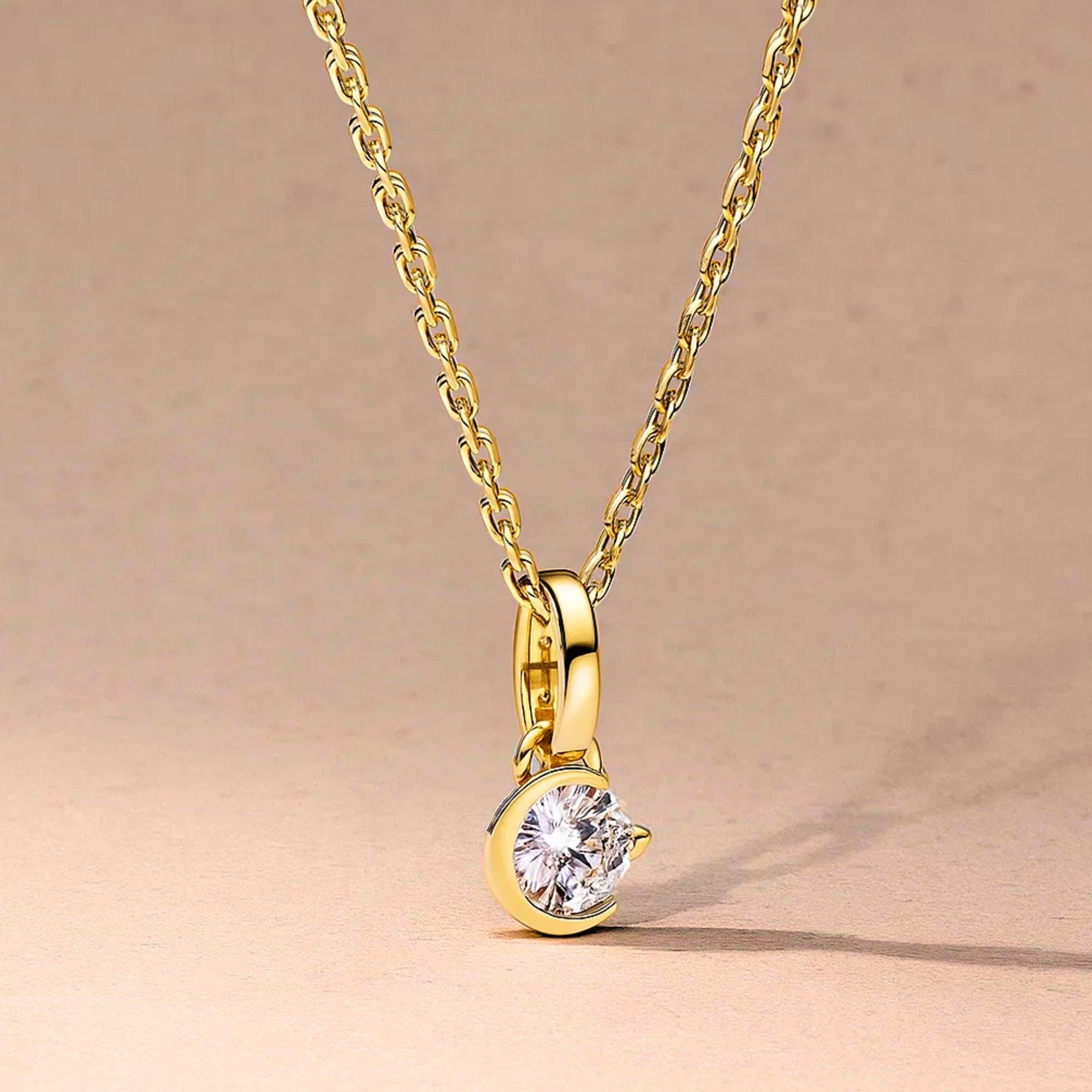 14K Gold Crescent Moon Solitaire Diamond Pendant Necklace