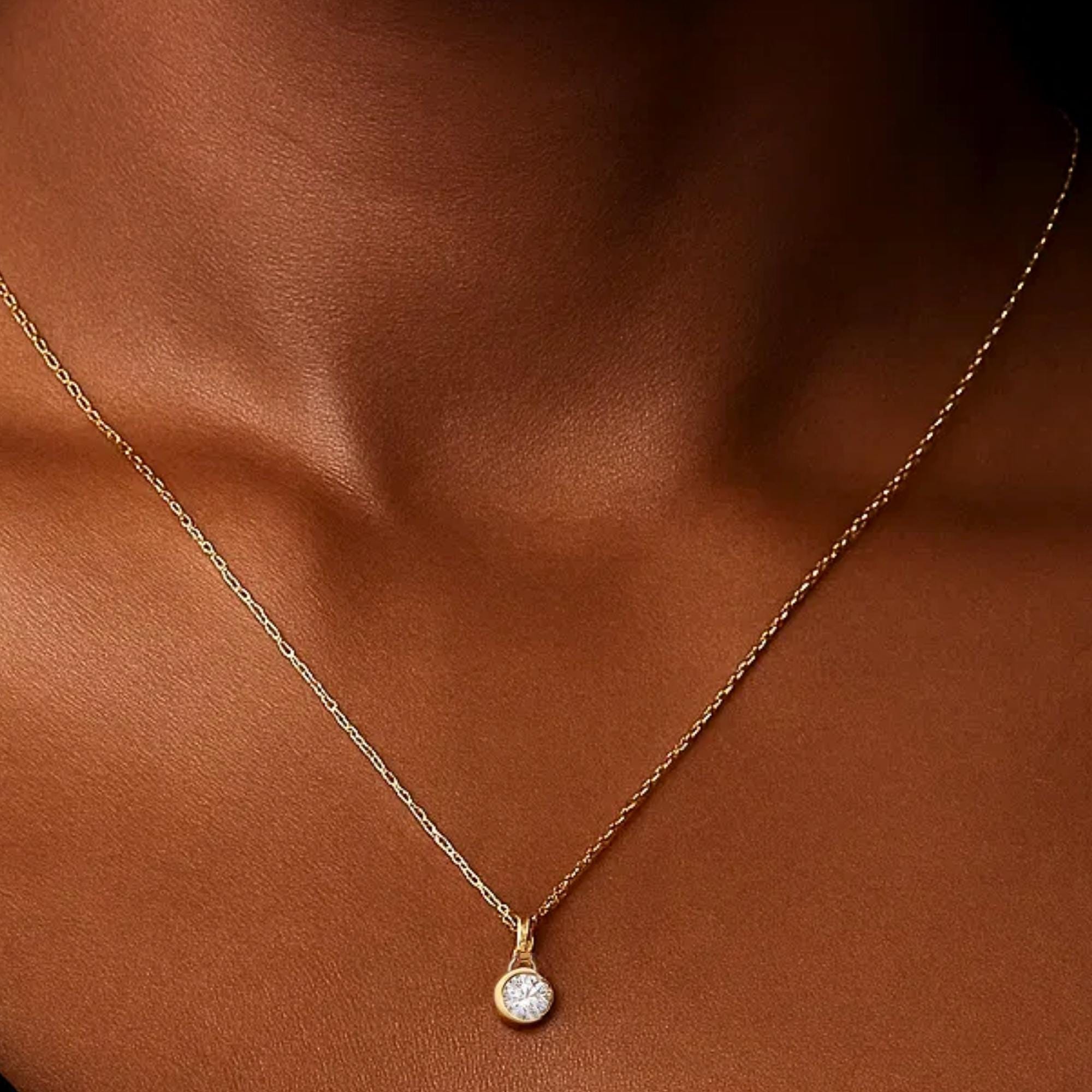 14K Gold Crescent Moon Solitaire Diamond Pendant Necklace