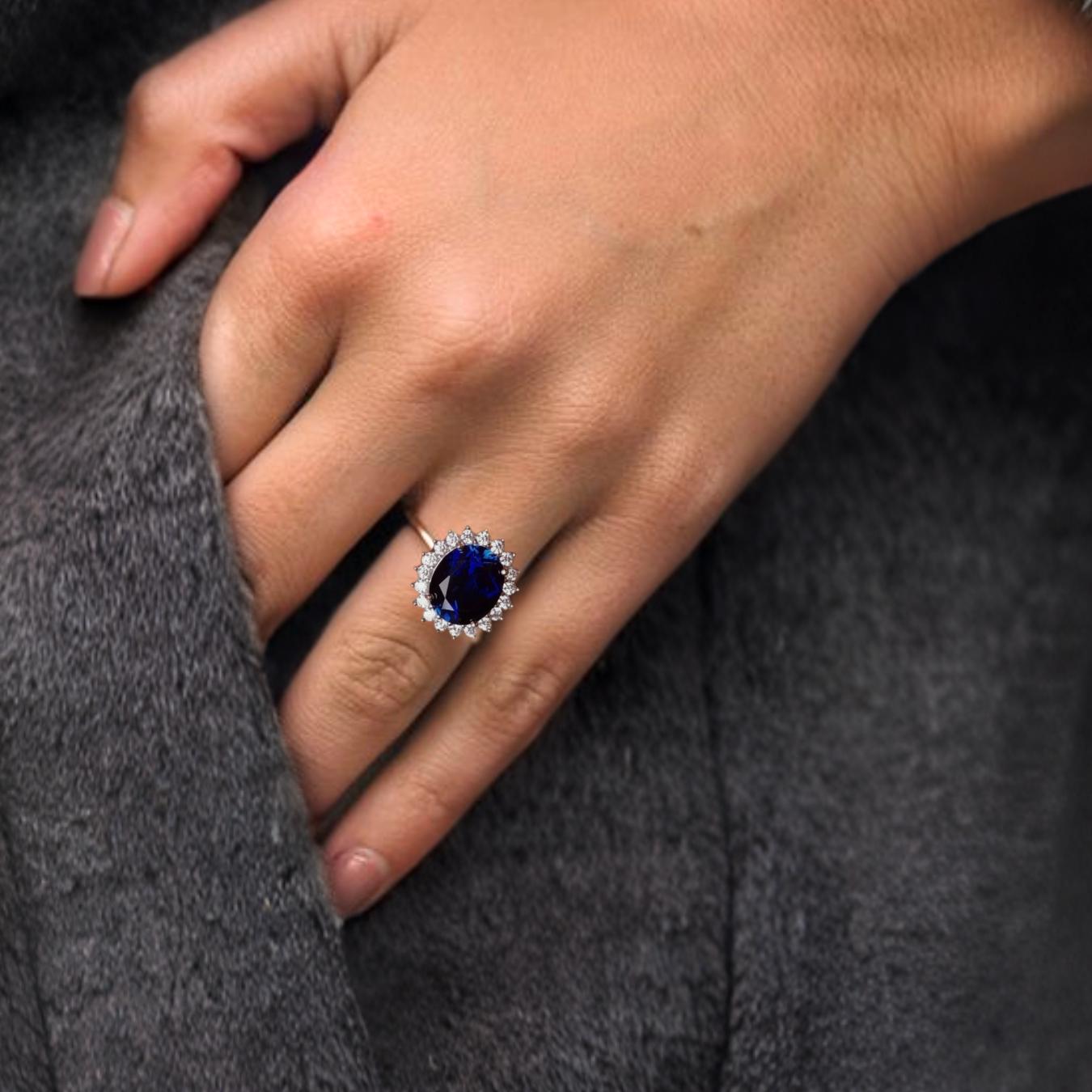 Blue Sapphire Halo Moissanite Engagement Ring