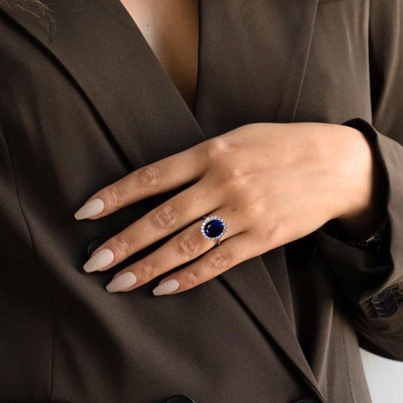 Blue Sapphire Halo Moissanite Engagement Ring