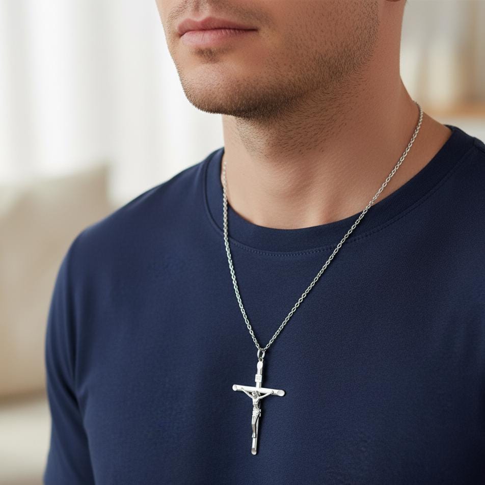 925 Silver Crucifix Cross Necklace for Men, Christian Pendant