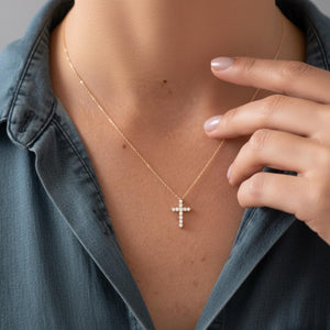 14K Solid Gold Moissanite Cross Necklace, Gold Cross Pendant