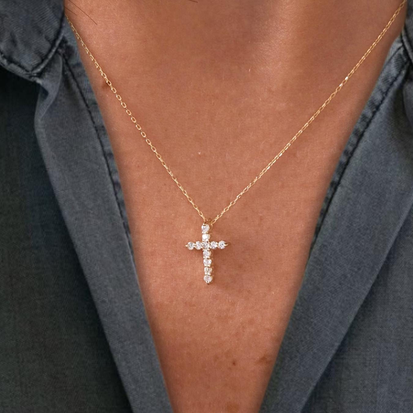 14K Solid Gold Moissanite Cross Necklace, Gold Cross Pendant