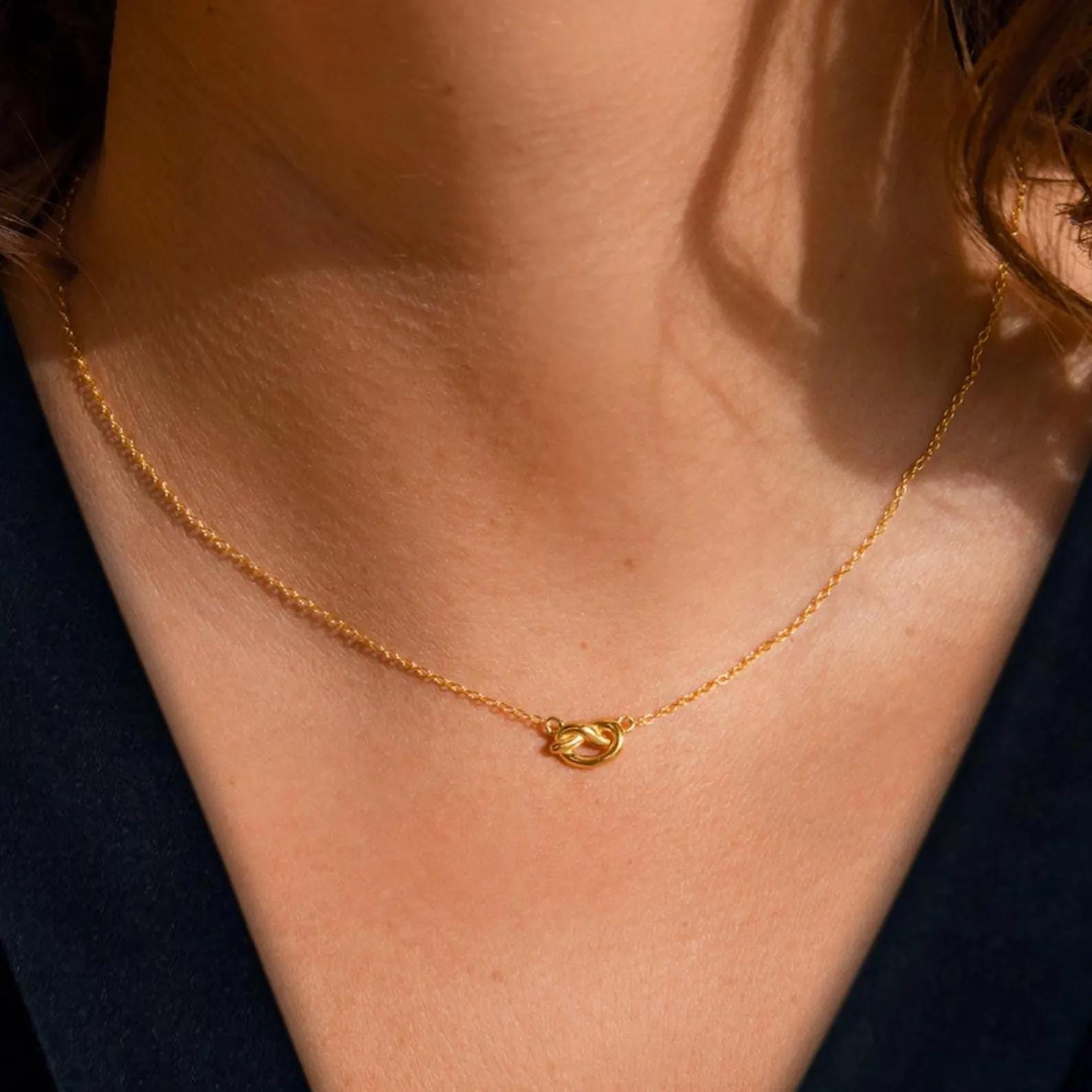 14K Solid Gold Knot Promise Necklace, Dainty Chain Choker