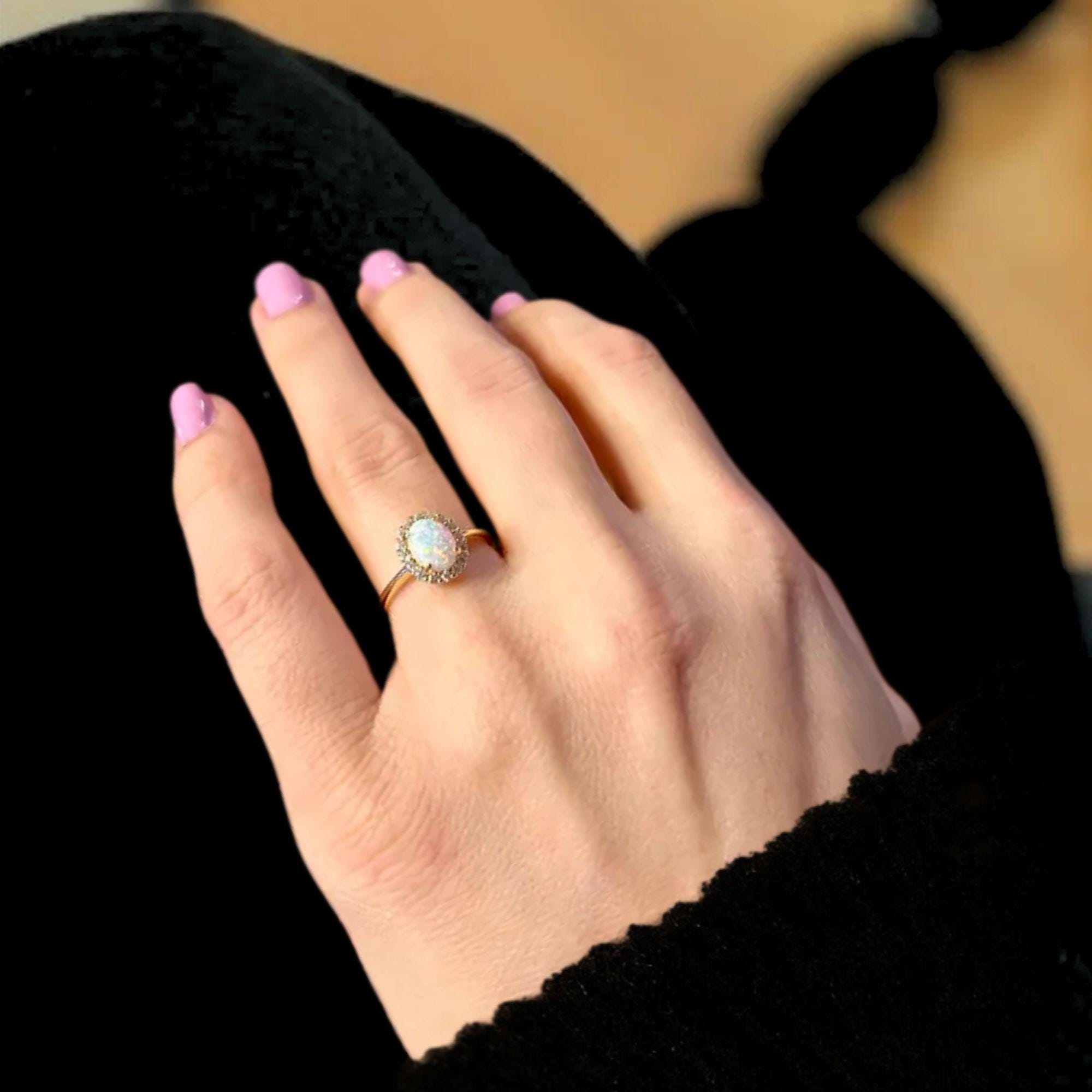 Oval Opal Engagement Ring, 14K Gold Vintage Ring
