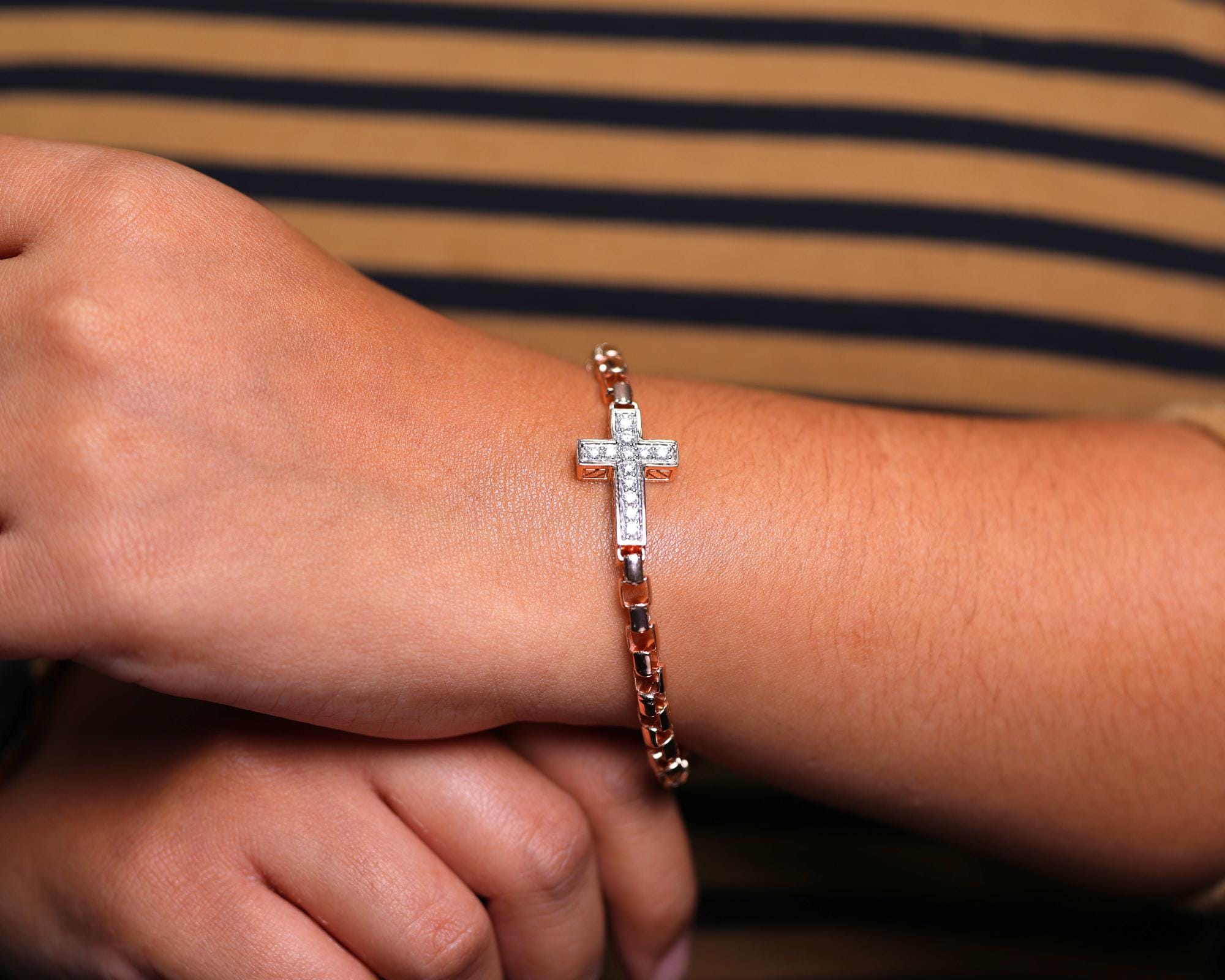 14K Gold Lab Diamond Cross Bracelet, Dainty Christian Bracelet