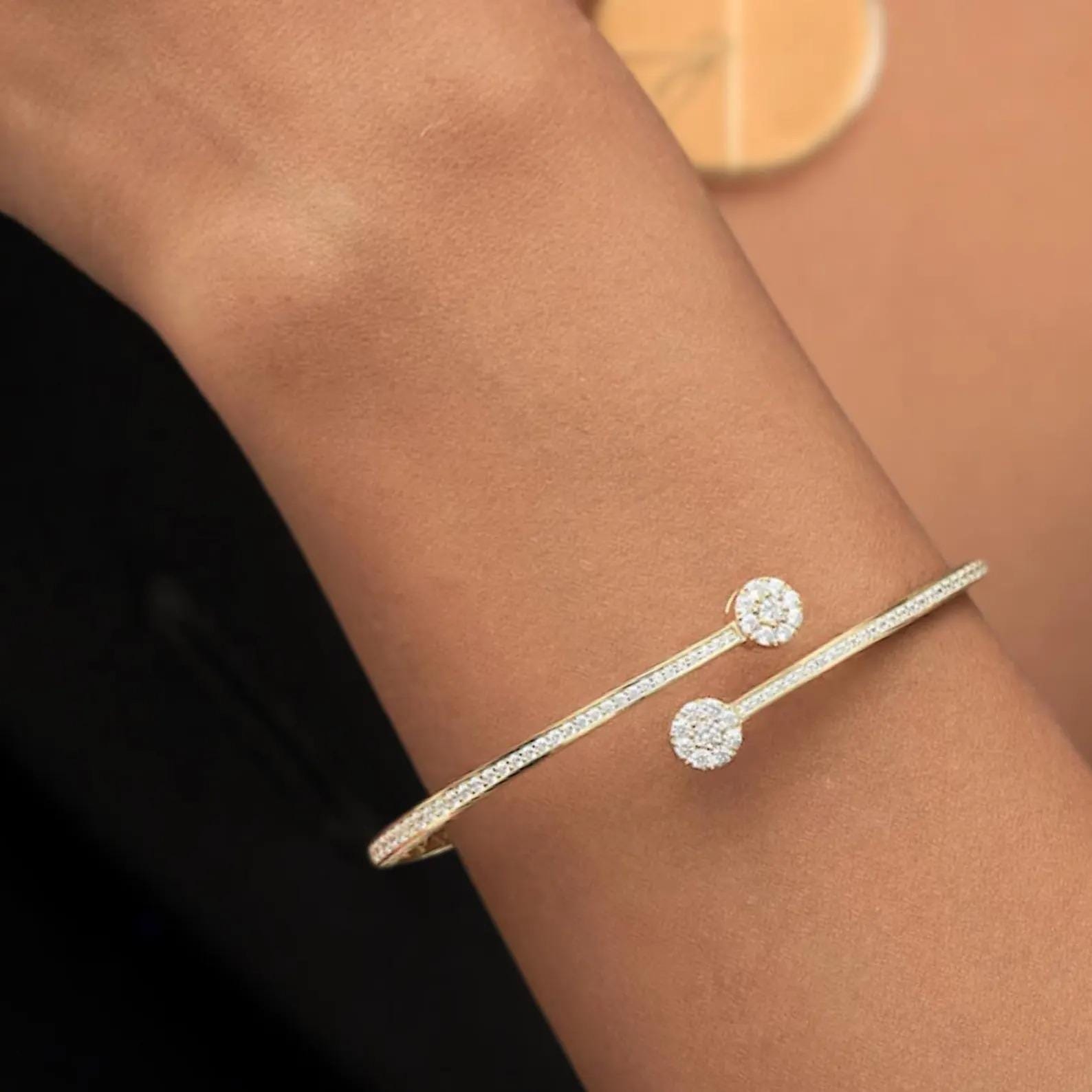 14K Gold Lab Diamond Open Cuff Bangle Bracelet