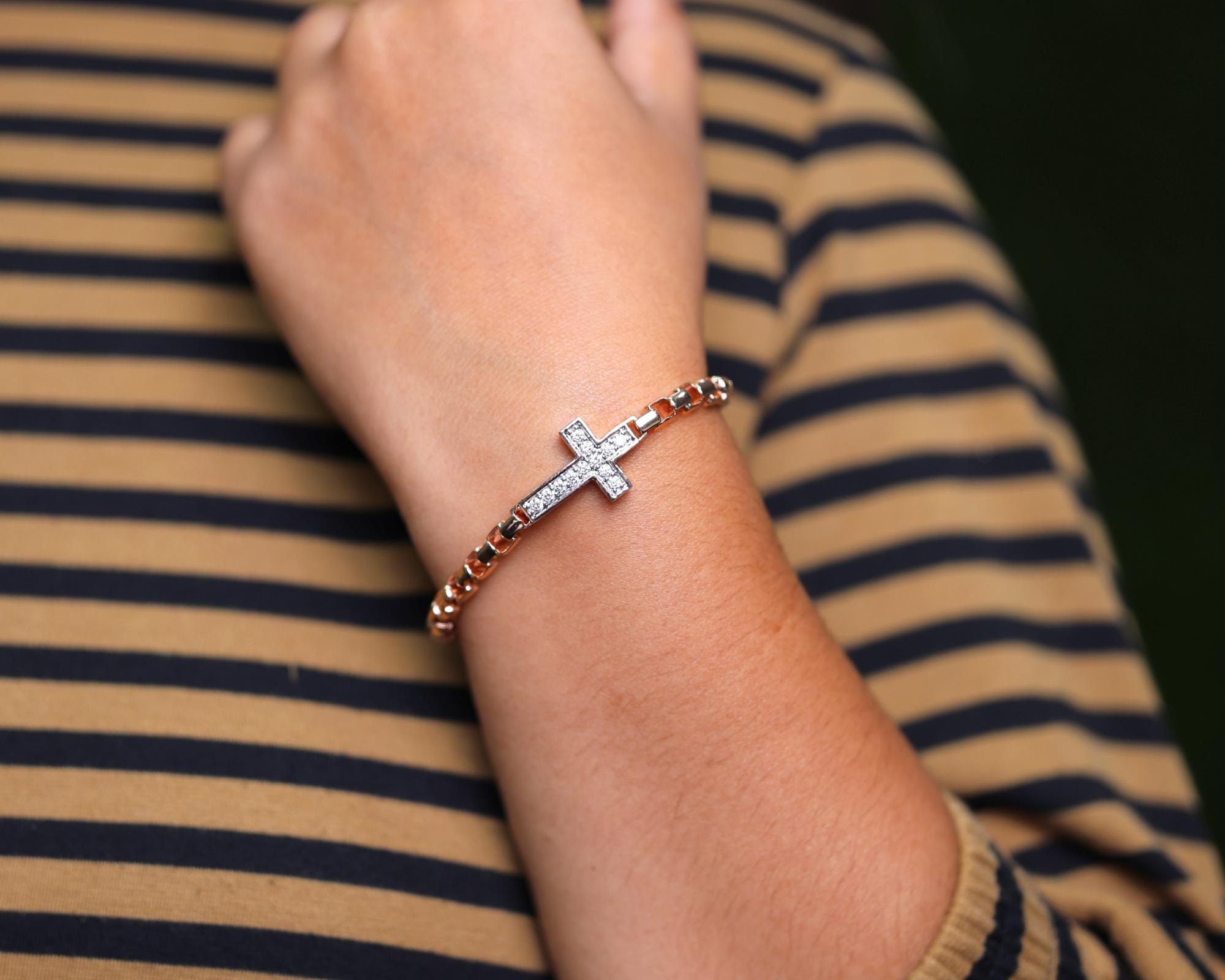 14K Gold Lab Diamond Cross Bracelet, Dainty Christian Bracelet
