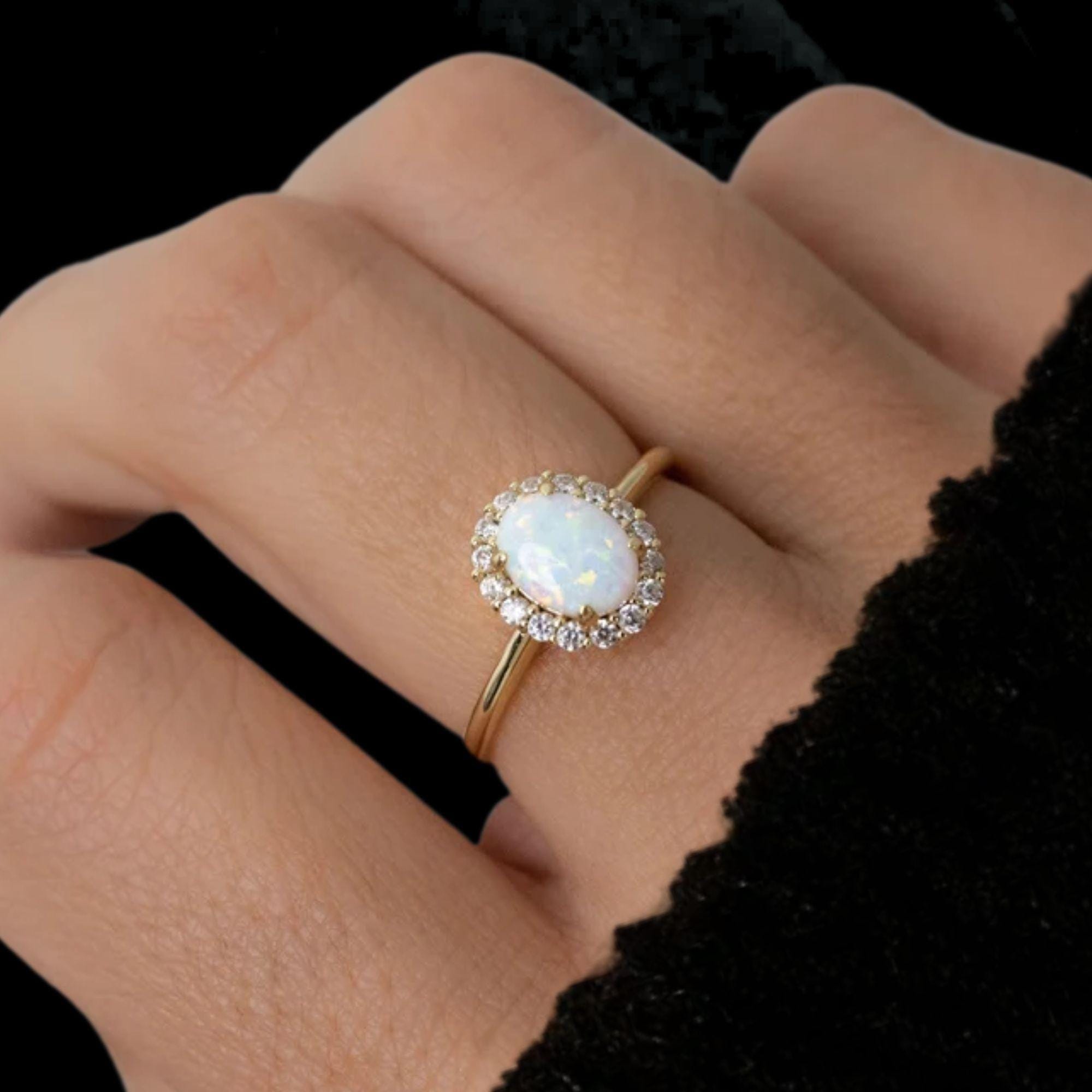 Oval Opal Engagement Ring, 14K Gold Vintage Ring