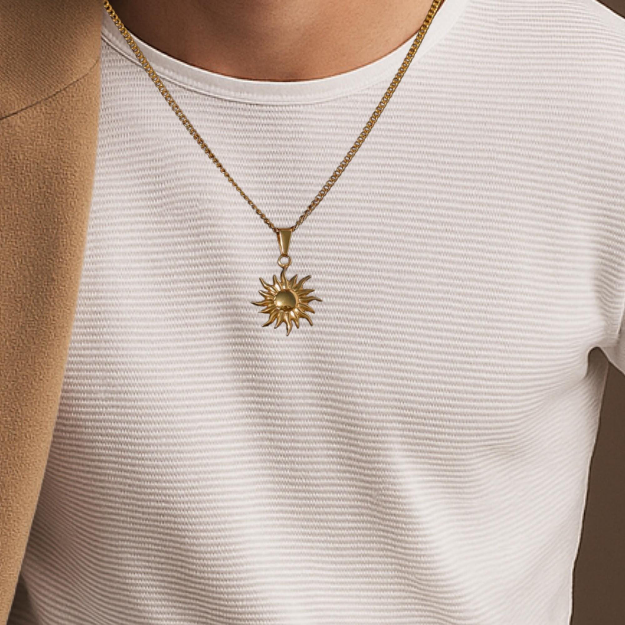 14K Gold Sun Star Pendant Necklace for Men