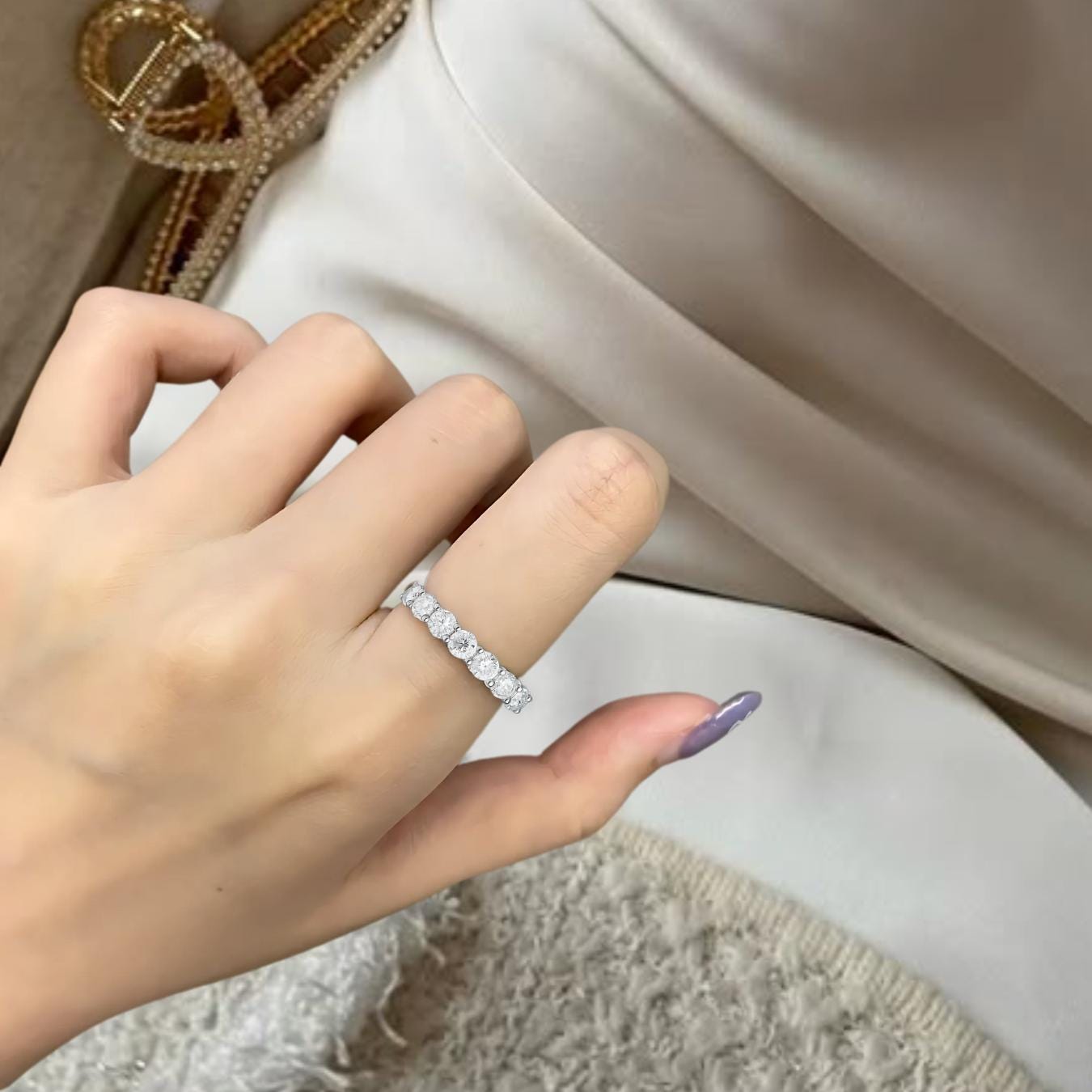 Round Brilliant Lab Diamond Half Eternity Wedding Band