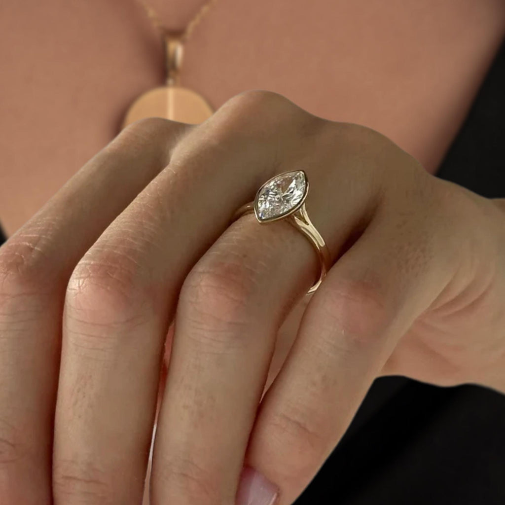 2 Carat Marquise Lab Created Diamond Bezel Set Ring / Split Shank Engagement Ring / 14k Gold Cathedral Solitaire Ring / F VS1 IGI Certified