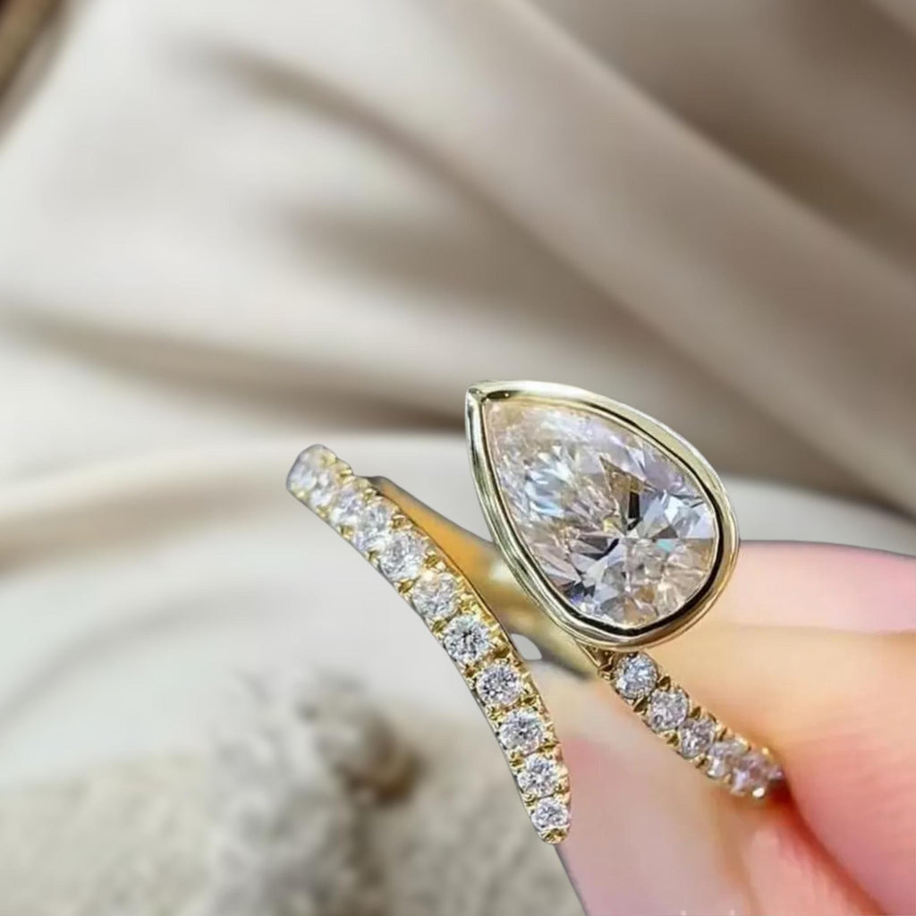 1.00 Carat Pear Cut Lab Grown Diamond Cross Ring, CVD Diamond Solitaire Ring For Wedding Gift, 14K Yellow Gold Anniversary Ring For Her