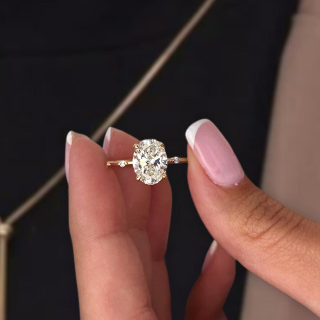 POPULAR STYLE F Color VS1 Clarity IGI Certified Oval Cut Lab Grown Diamond Thin Dainty Solitaire Engagement Ring, Side Rounds 14k Gold
