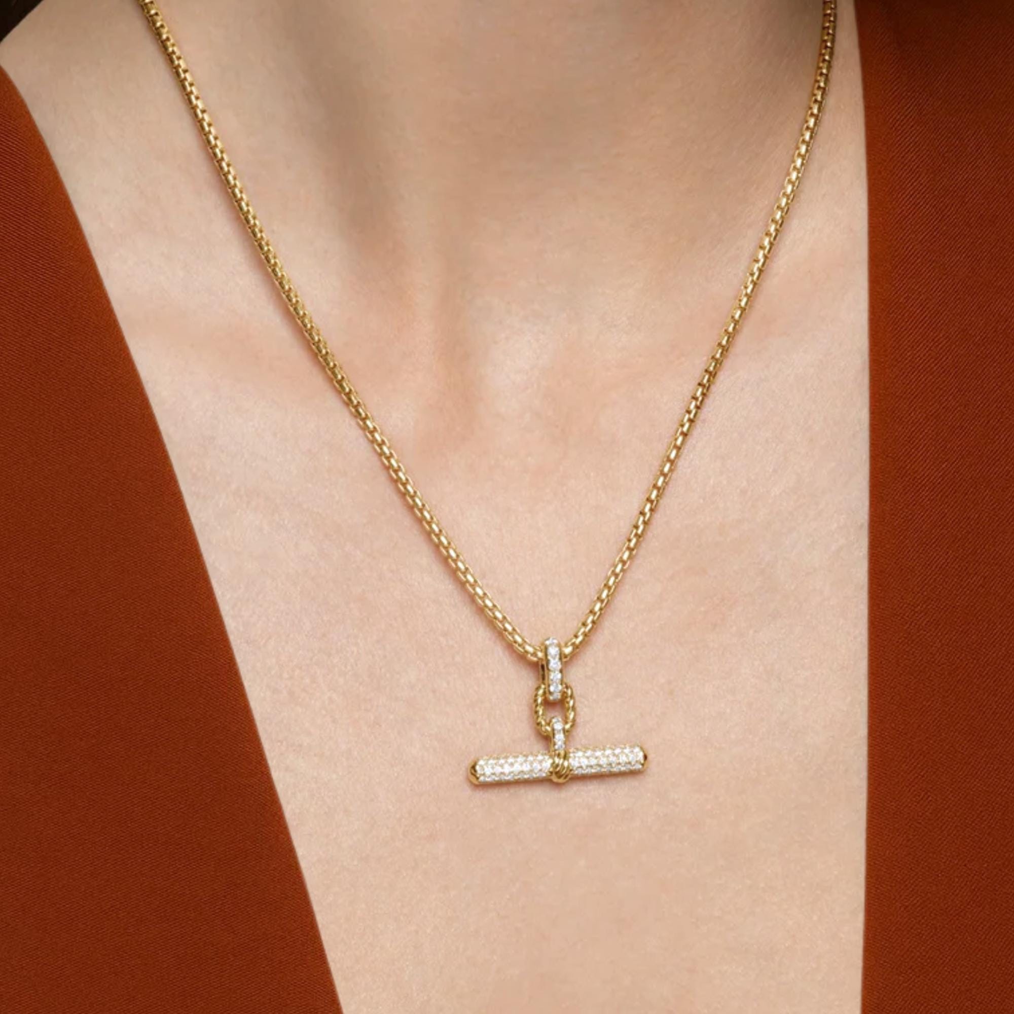 14K Solid Gold Moissanite T-Bar Pendant Necklace