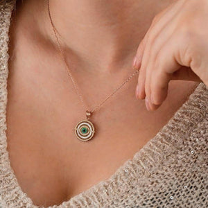 Gold Dainty Evil Eye Necklace, Emerald Sun Pave Protector Necklace