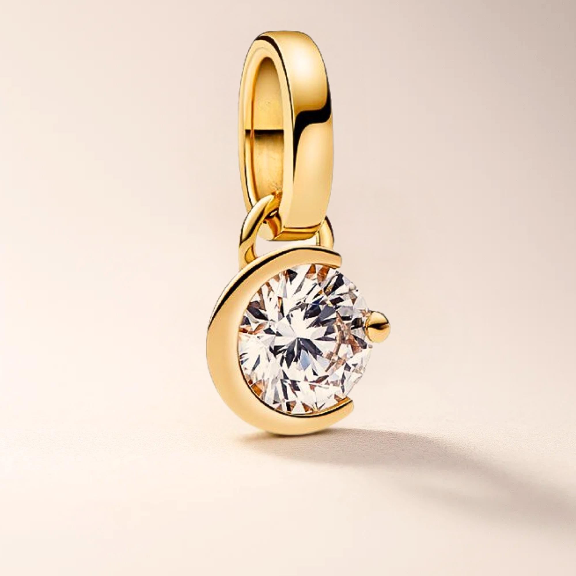 14K Gold Crescent Moon Solitaire Diamond Pendant Necklace