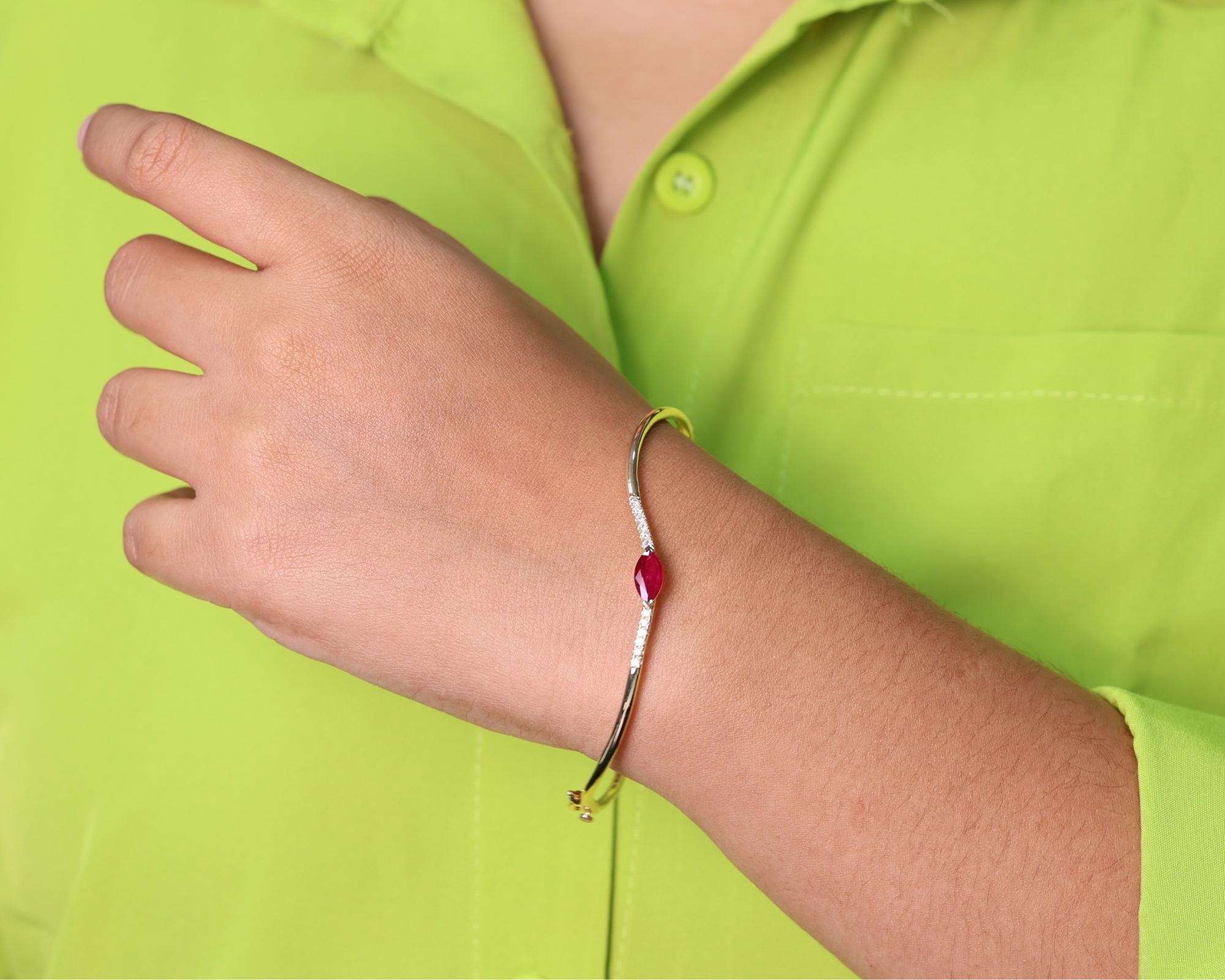 14K Gold Marquise Ruby Diamond Bracelet, July Birthstone