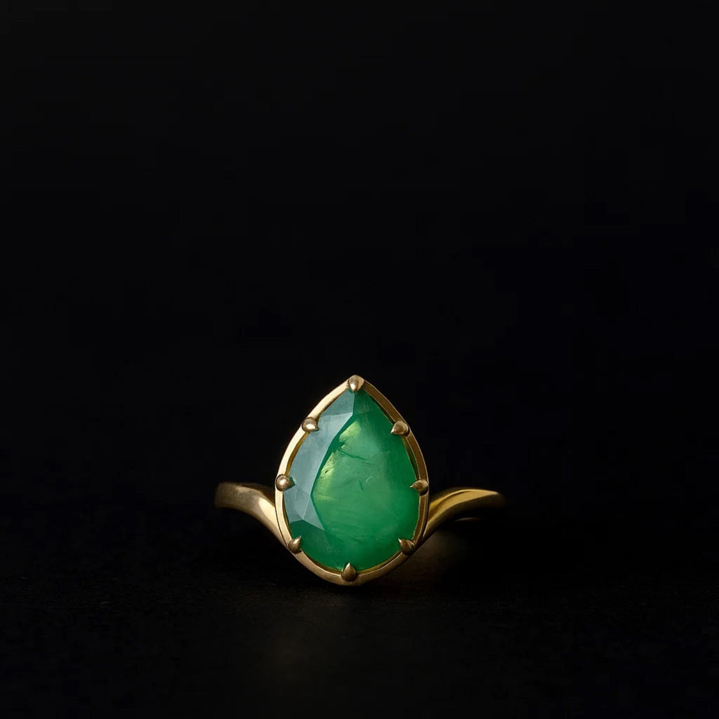 Solid 14K Yellow Gold Engagement Ring Pear Cut Lab Created Green Emerald Ring Minimalist Diamond Promise Ring Anniversary Gift for Women