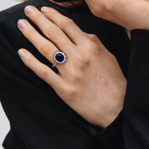 Blue Sapphire Halo Moissanite Engagement Ring
