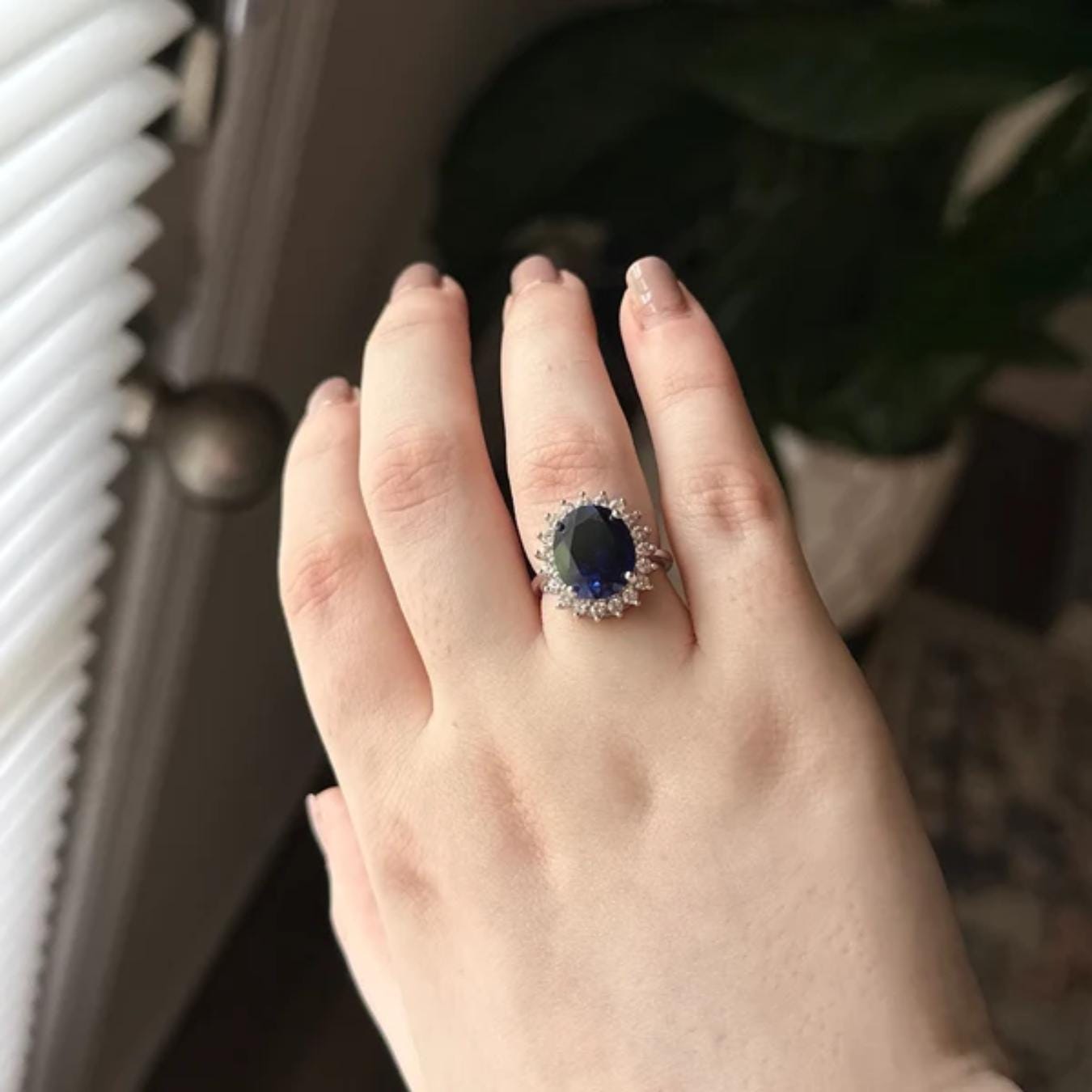 Blue Sapphire Halo Moissanite Engagement Ring