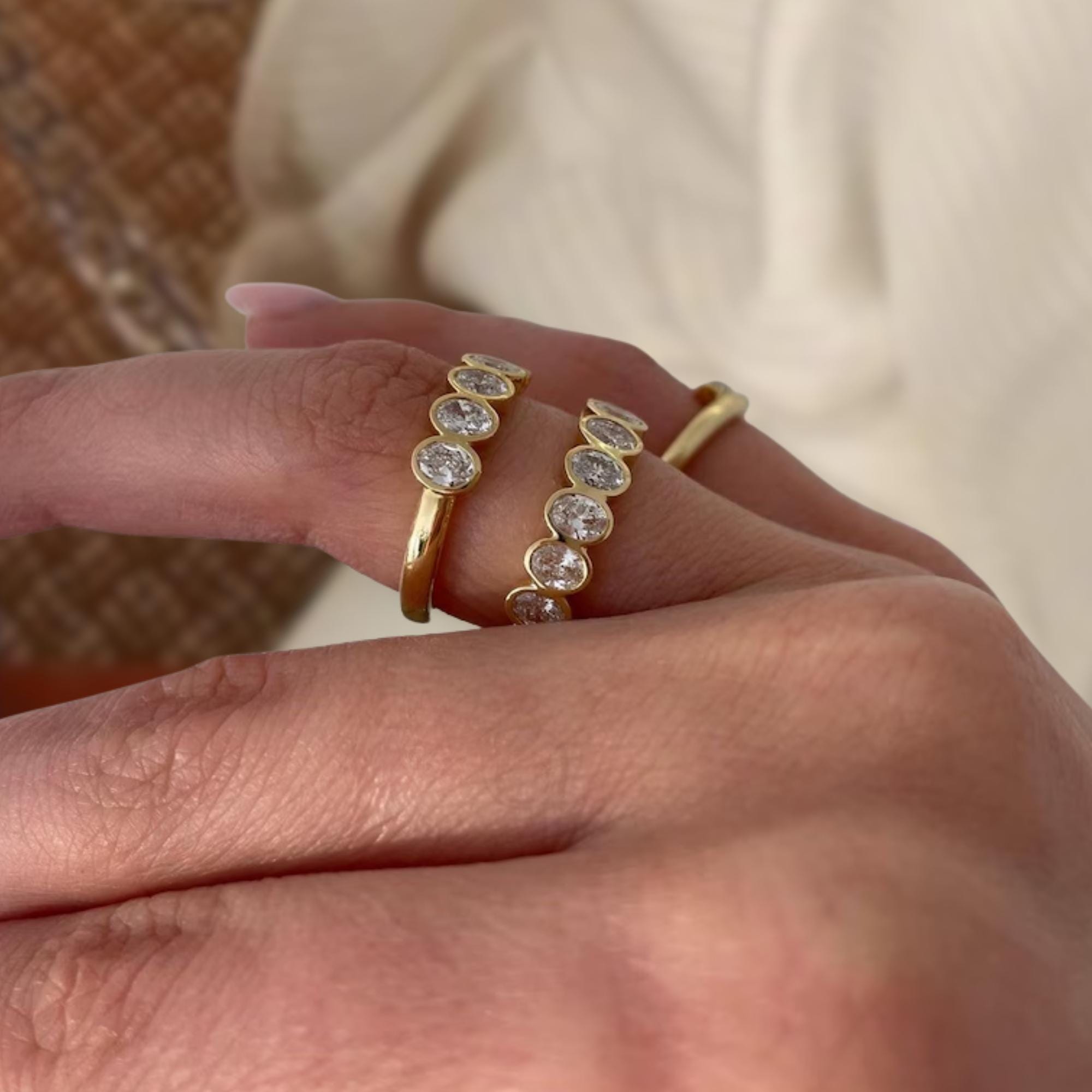 Oval Cut Bezel Set Moissanite Wedding Band, 14K Gold