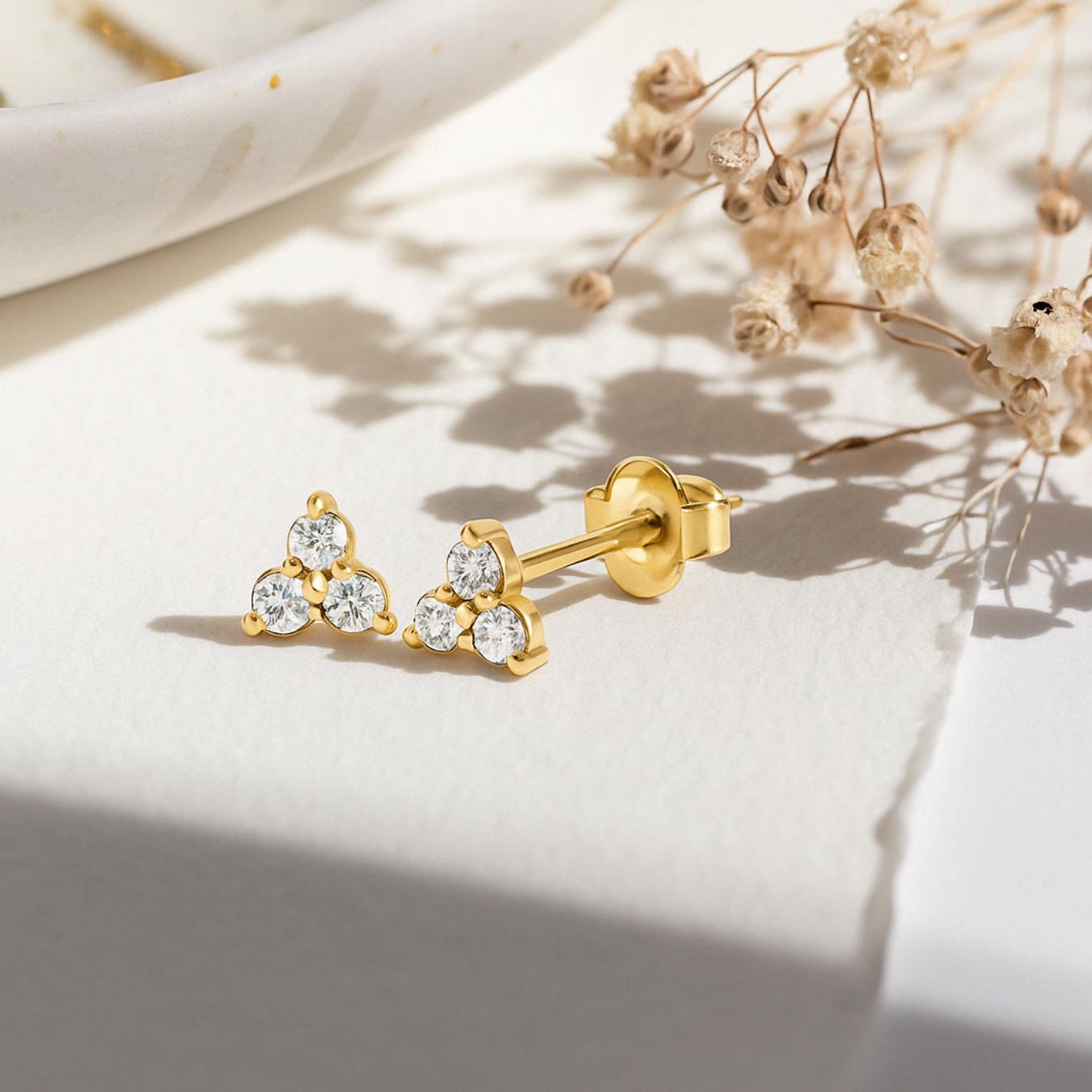 3 Stone Diamond Stud Earrings, 14K Gold