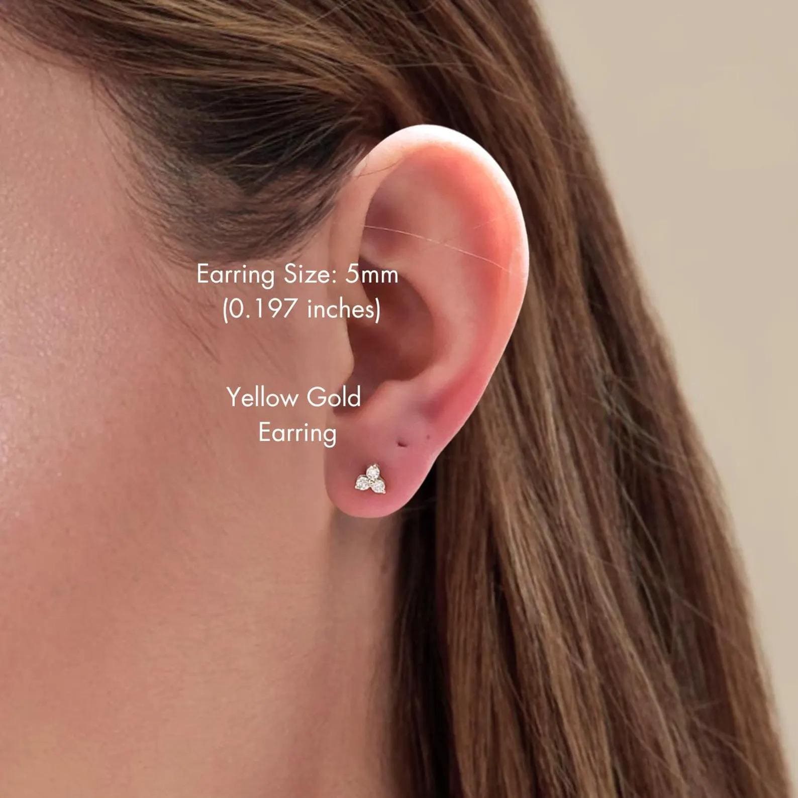 3 Stone Diamond Stud Earrings, 14K Gold
