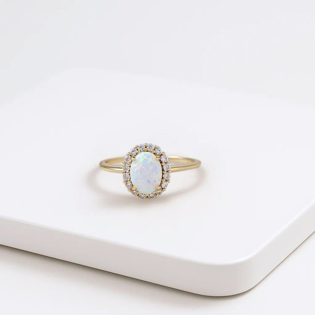 Oval Opal engagement ring 14K gold engagement ring vintage engagement ring Oval cut diamond unique ring anniversary promise ring
