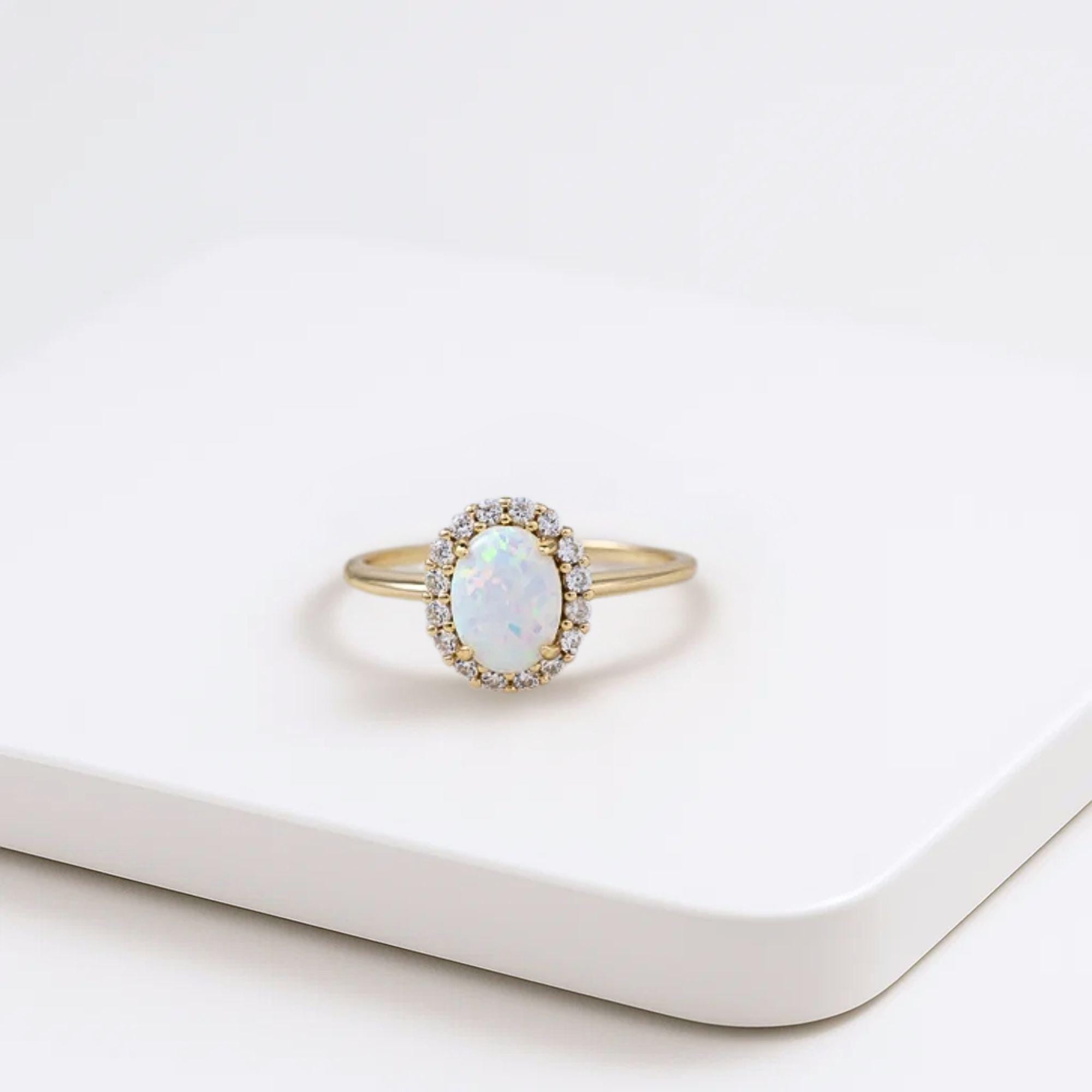 Oval Opal Engagement Ring, 14K Gold Vintage Ring