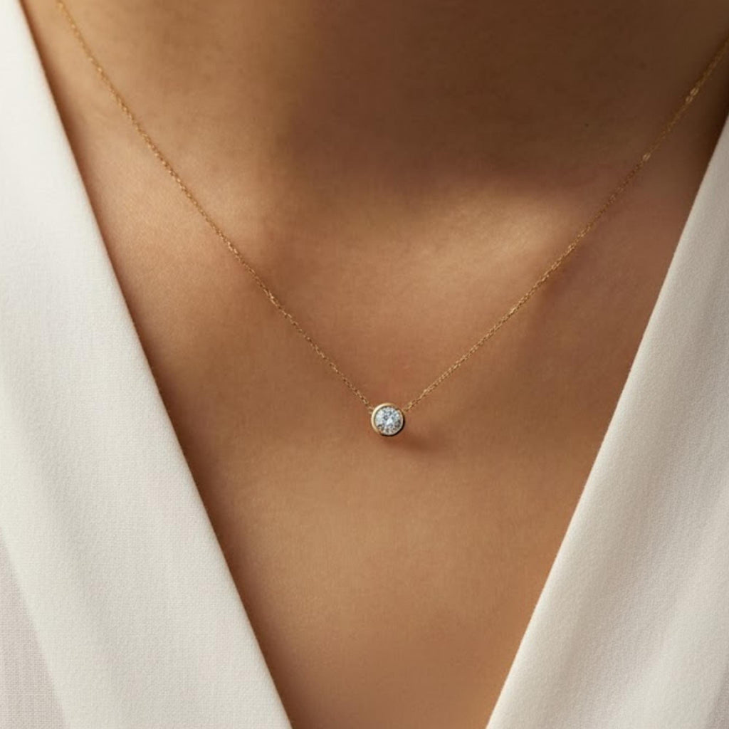 Round Solitaire Pendant Necklace, 14K Gold Bezel Diamond Necklace, Dainty Necklace, Modern Handmade Jewelry, Necklace for women