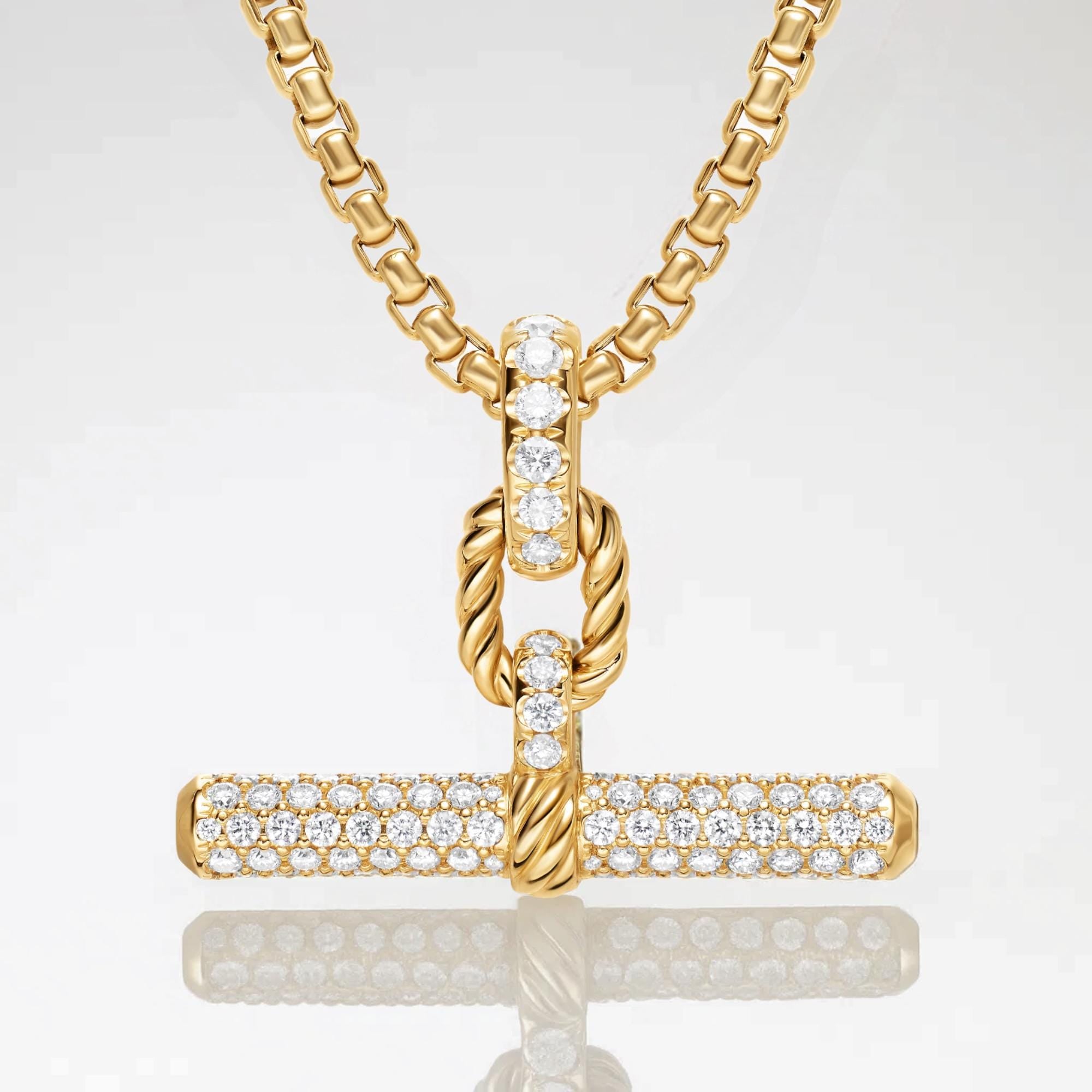 14K Solid Gold Moissanite T-Bar Pendant Necklace