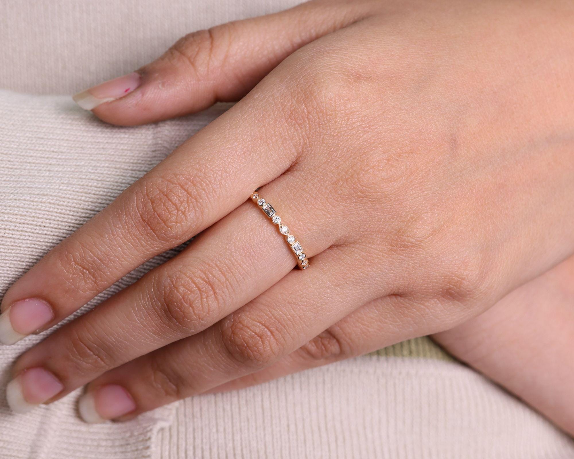 Mixed Shape Moissanite Eternity Wedding Band, Bezel Set