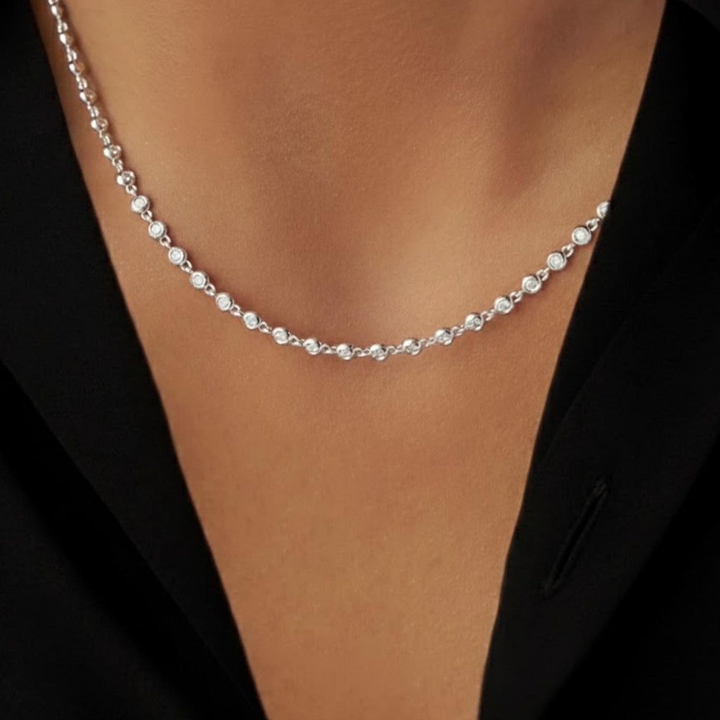 Tennis Necklace/ Diamond Tennis Necklace /Silver Bezel Set Diamond Tennis Necklace/ Multistone Diamond Layering Necklace