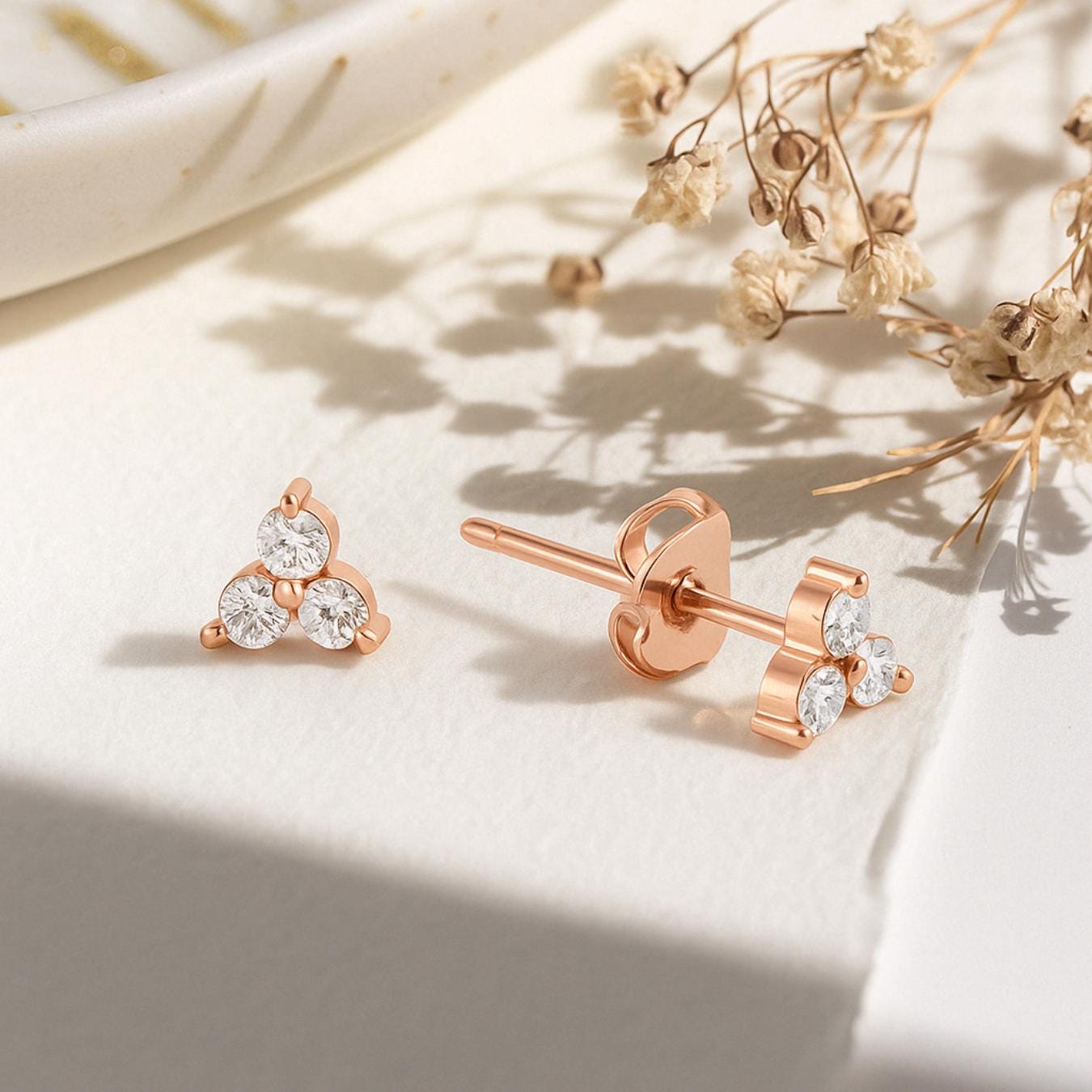 3 Stone Diamond Stud Earrings, 14K Gold