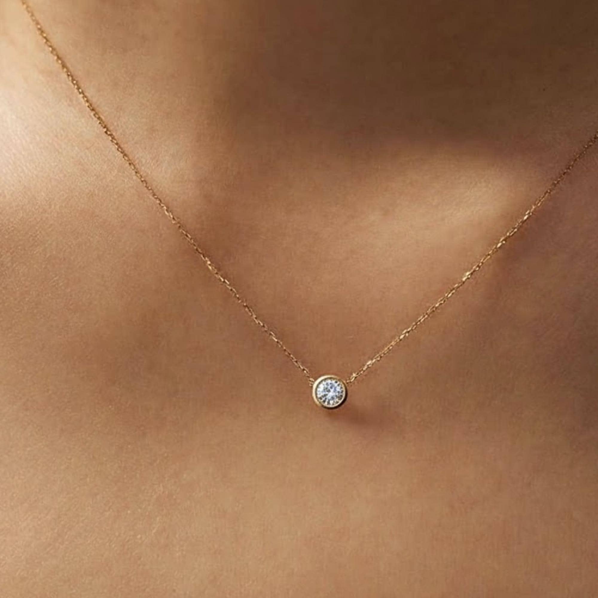 14K Gold Round Solitaire Diamond Necklace