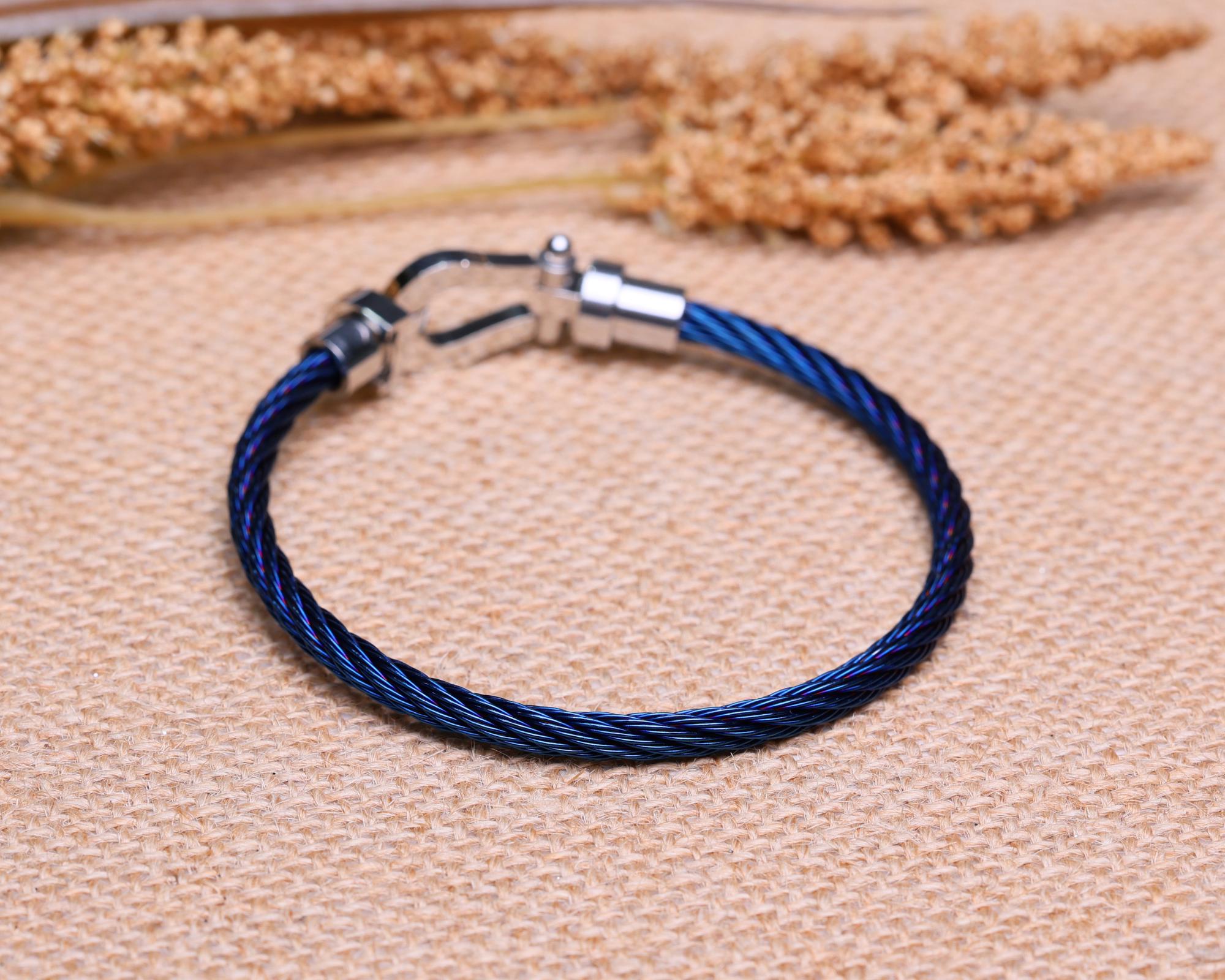 Navy Nylon Rope Bracelet, Stainless Steel