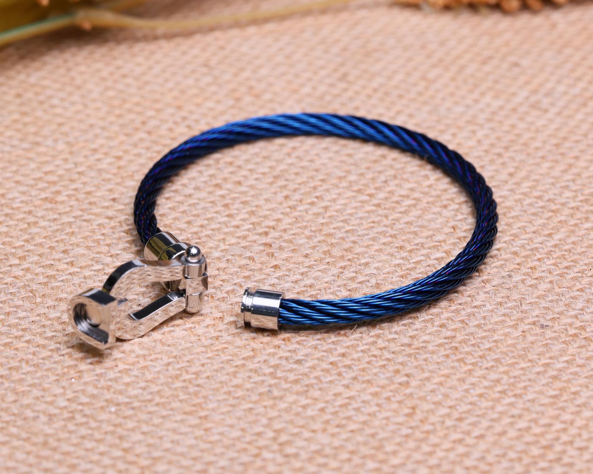 Navy Nylon Rope Bracelet, Stainless Steel