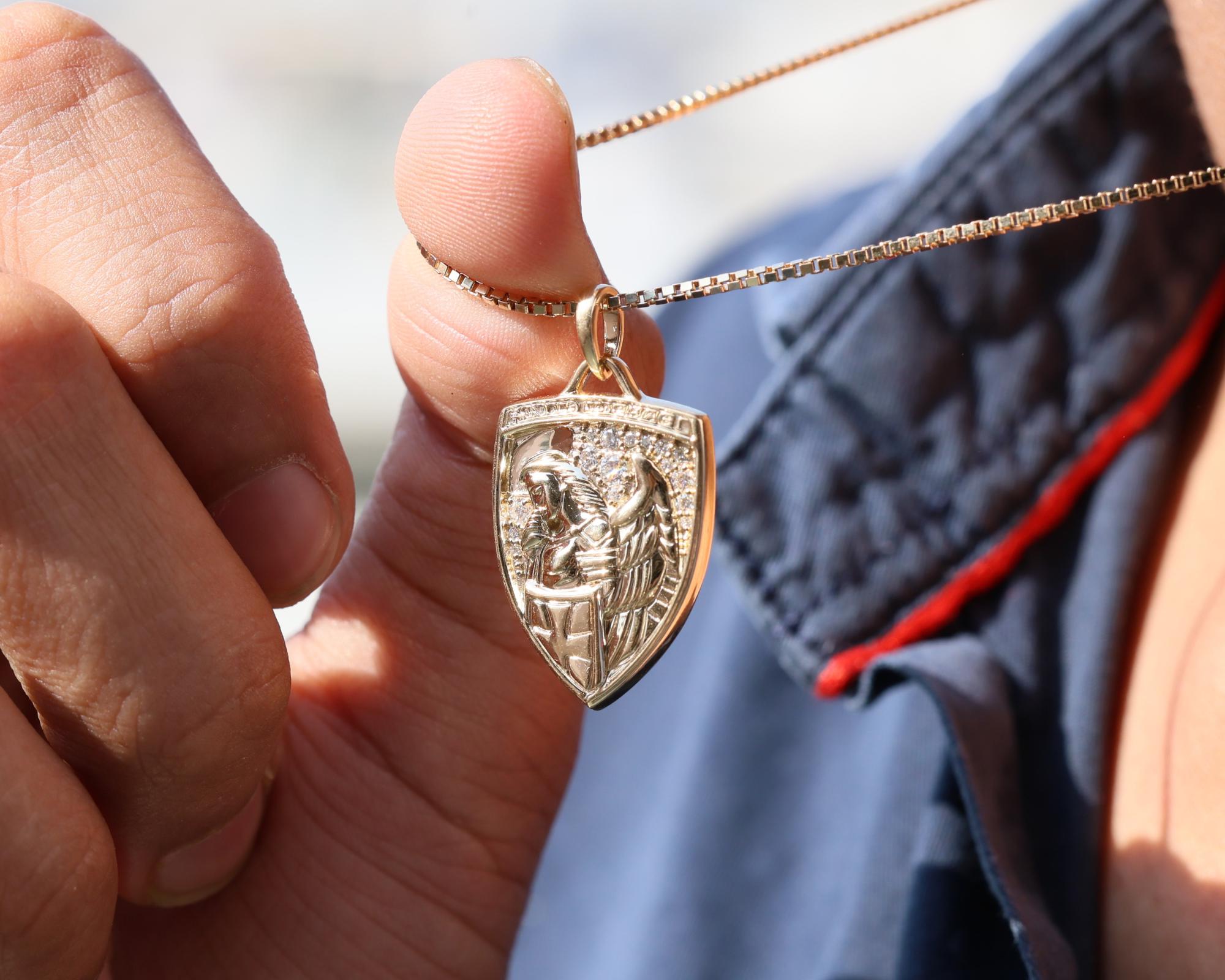 14K Gold Diamond Archangel Michael Pendant Necklace