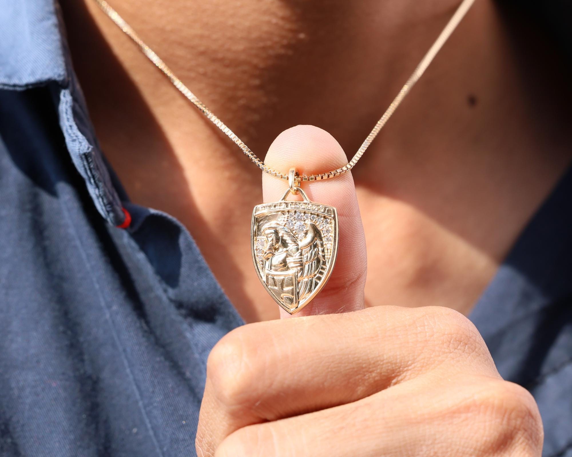 14K Gold Diamond Archangel Michael Pendant Necklace