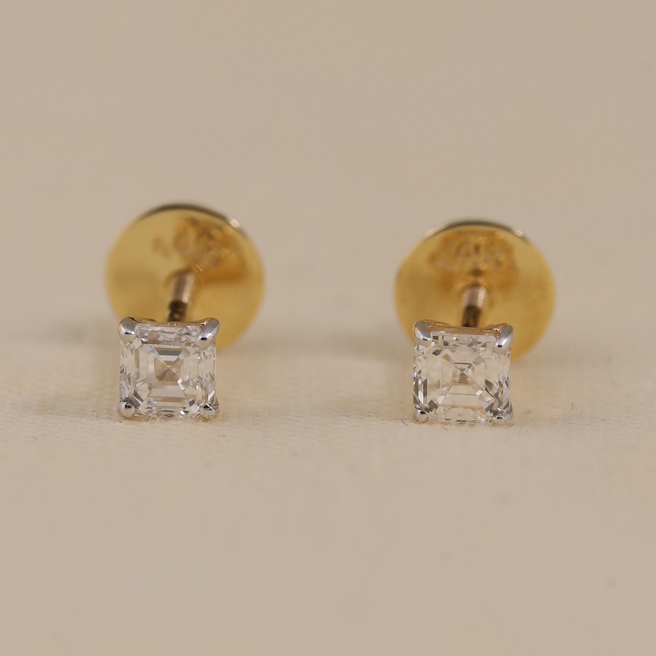 Asscher Cut Diamond Earrings in 14K Gold
