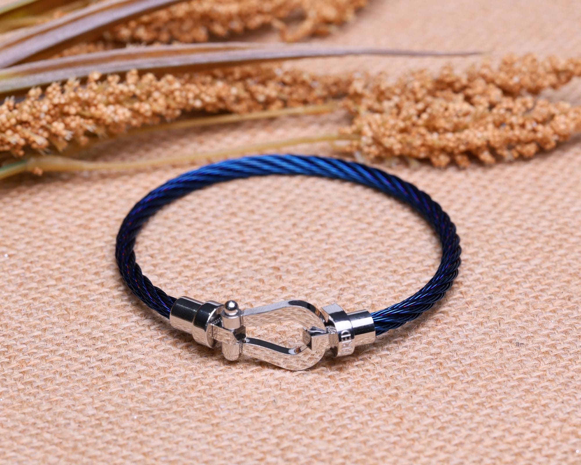 Navy Nylon Rope Bracelet, Stainless Steel